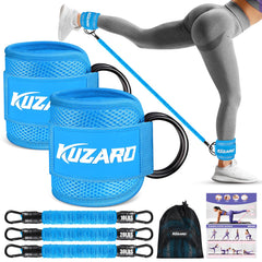 KUZARO front packaging showing full ankle band kit, highlights portability and resistance options