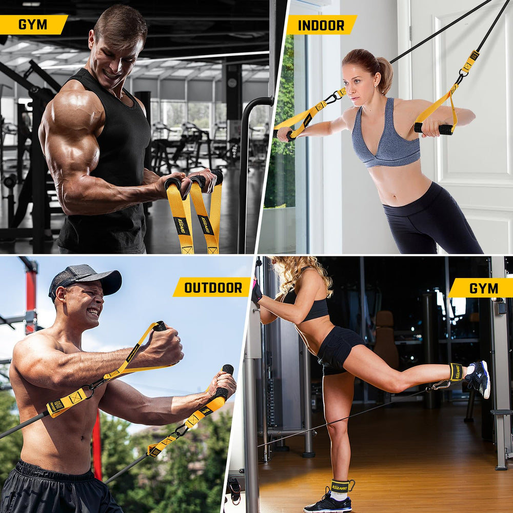 KUZARO bands beside dumbbell showing space-saving strength-equivalent benefit