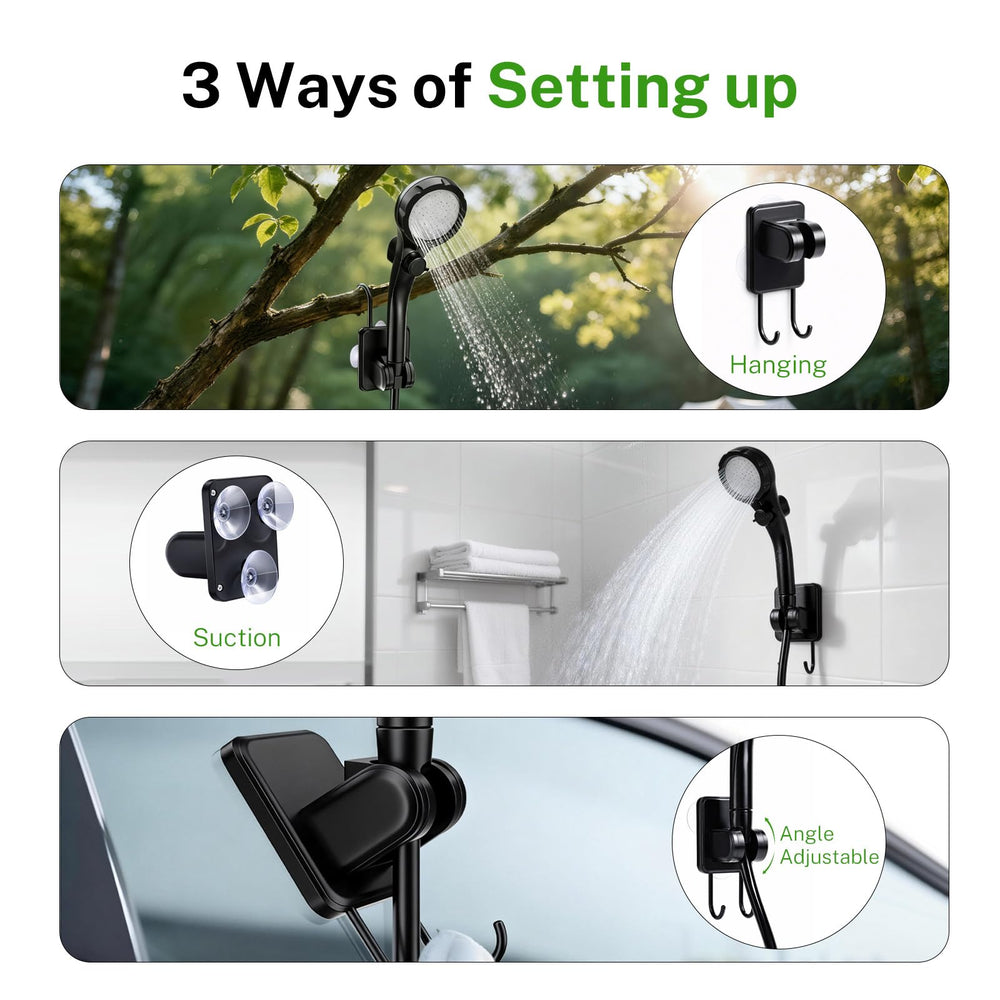 KVNTOOLS shower nozzle displaying four spray modes for cleaning and rinsing options
