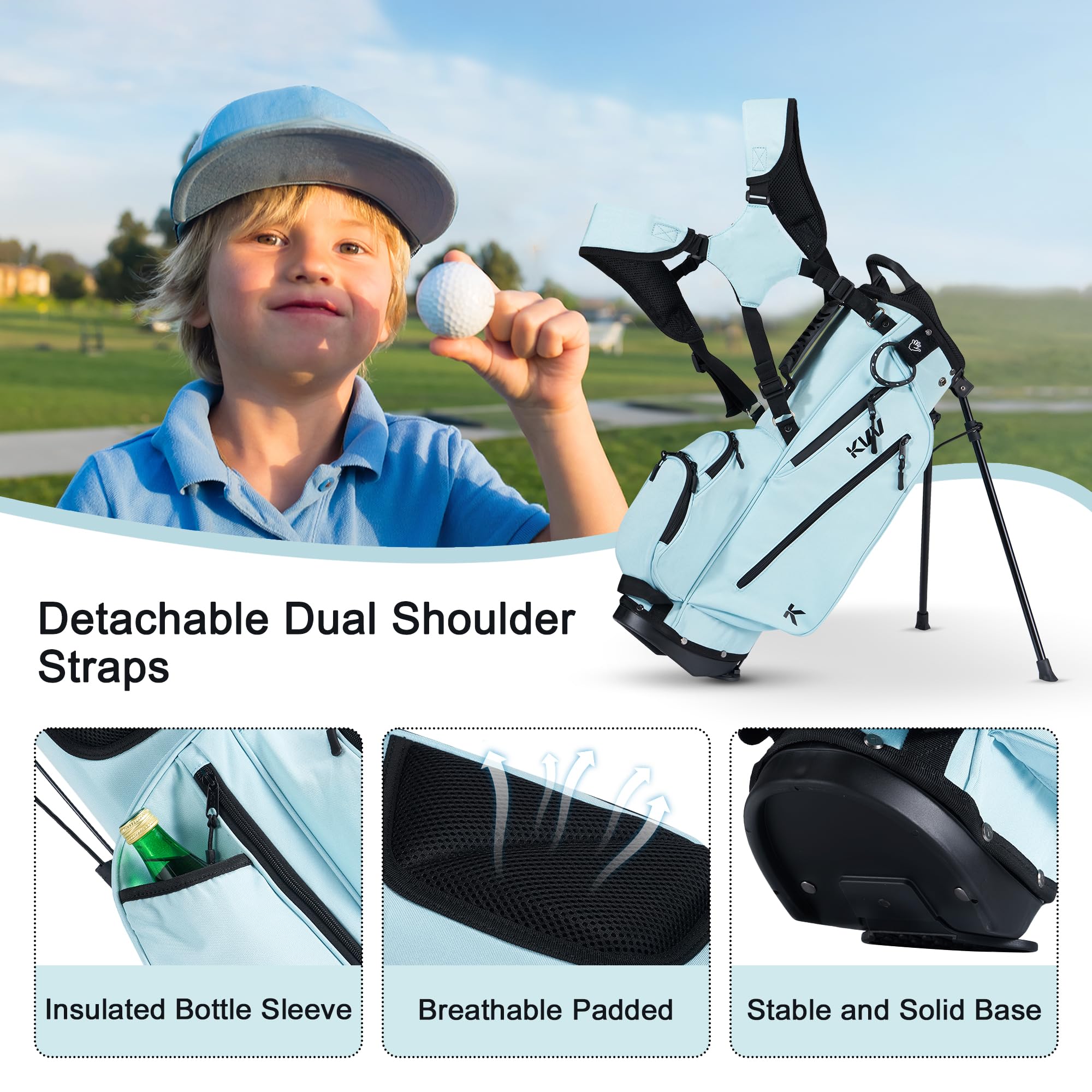 KVV junior golf bag next to a child to show proper size and proportion