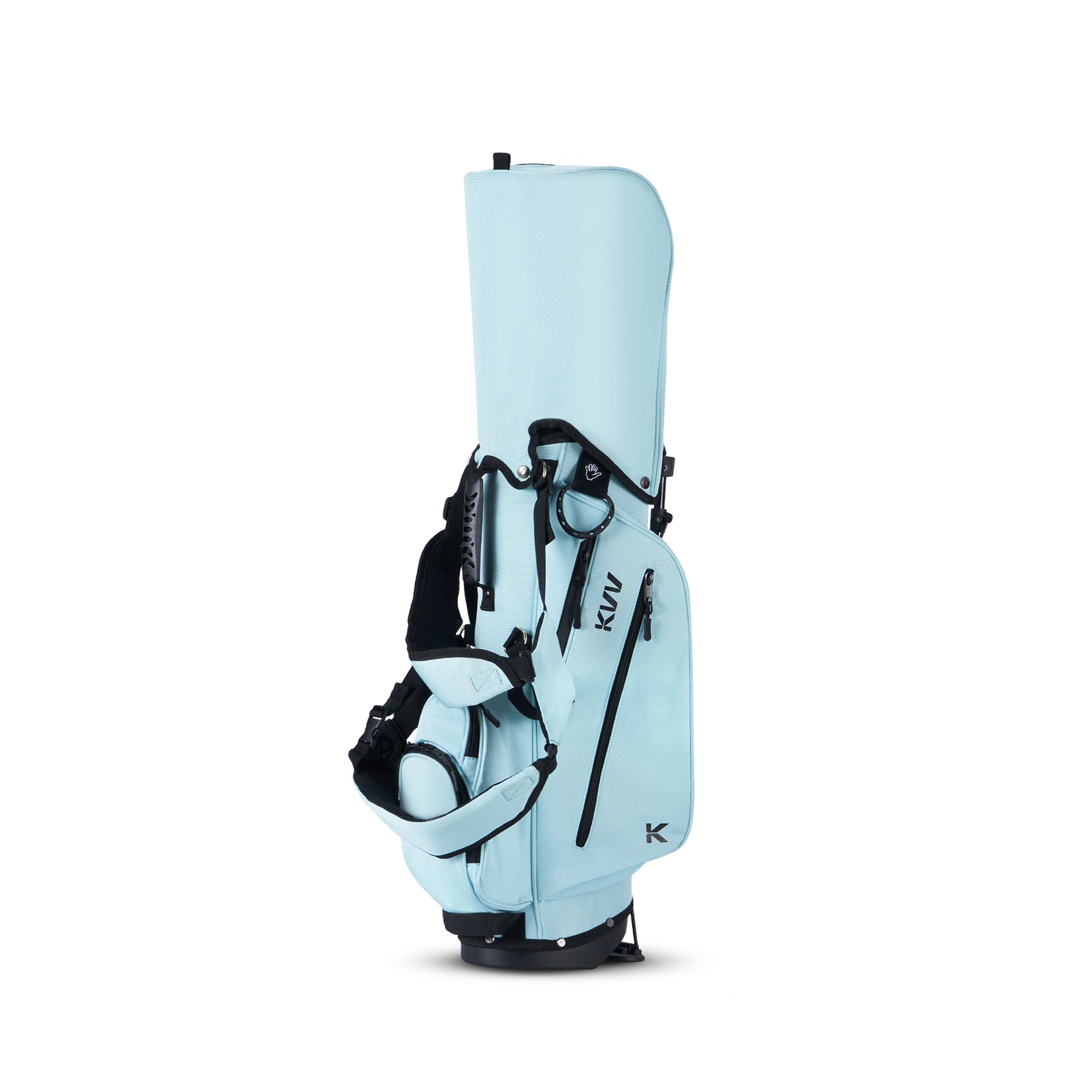 KVV junior golf bag stand open demonstrating stable dual-leg support