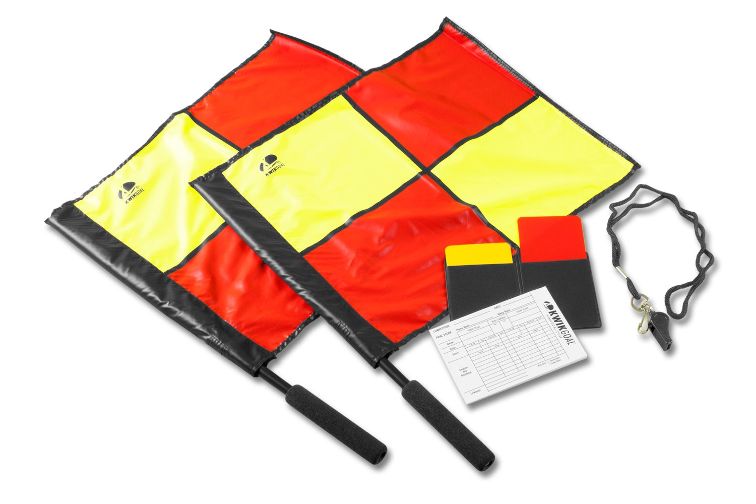 Kwik Goal front view of complete referee kit showing flags and accessories for reliable officiating