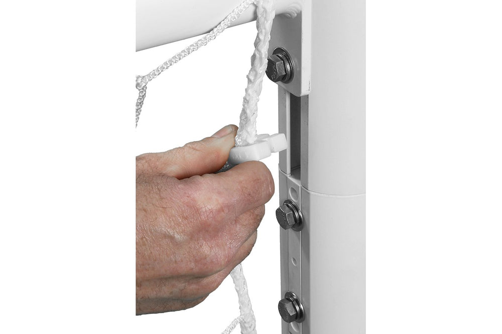 Kwik Goal clip securing net to goal frame in use, quick installation benefit