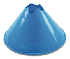 Kwik Goal front view of 12 blue jumbo disc cones showing pack and visibility benefit