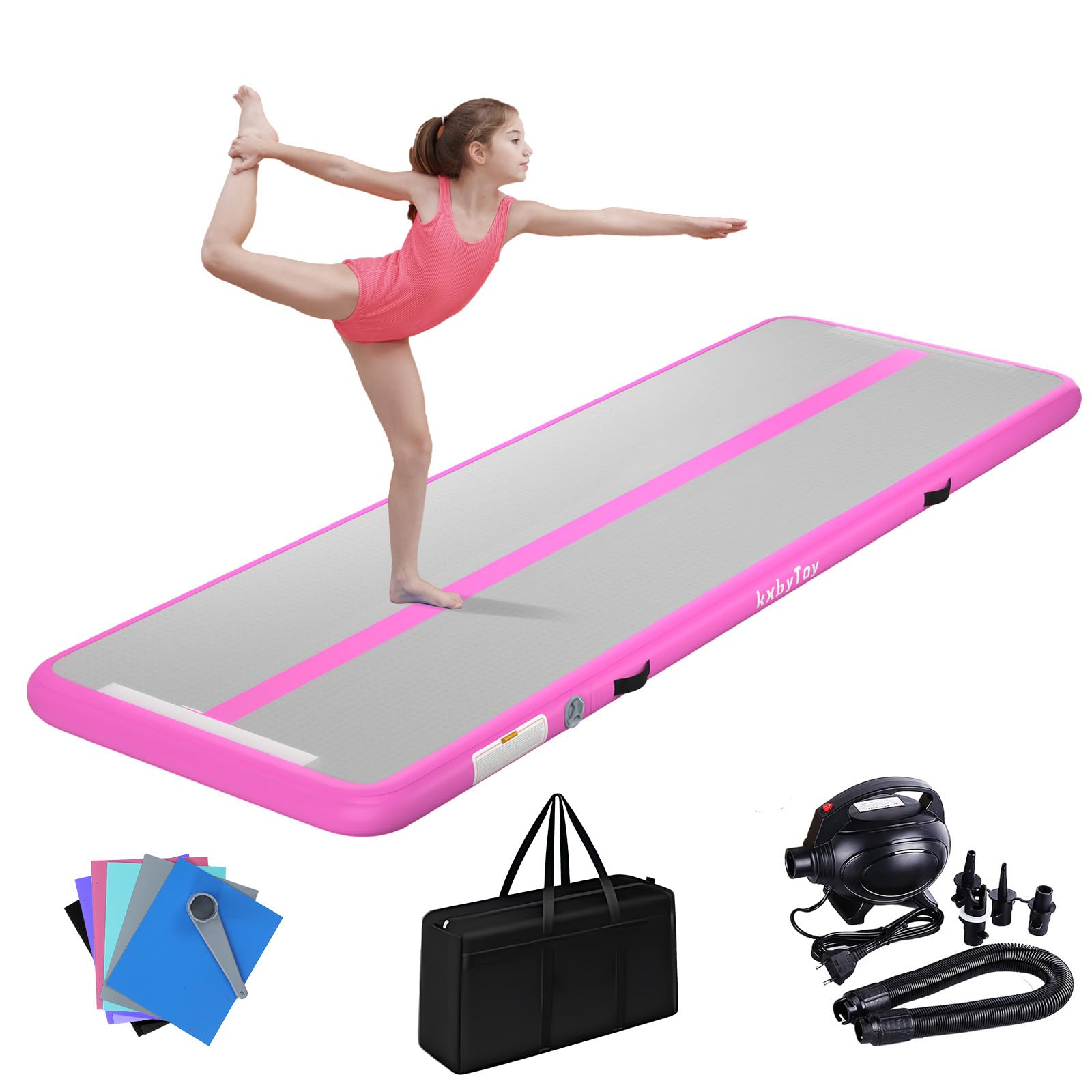 kxbyToy front view of pink air mat showing full length and markings, highlights portability