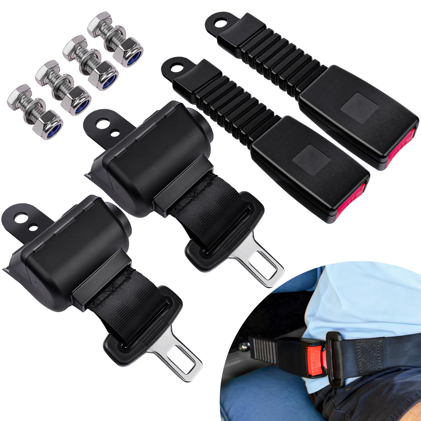 KyuerWK front view of two retractable seat belts showing universal fit and tidy storage