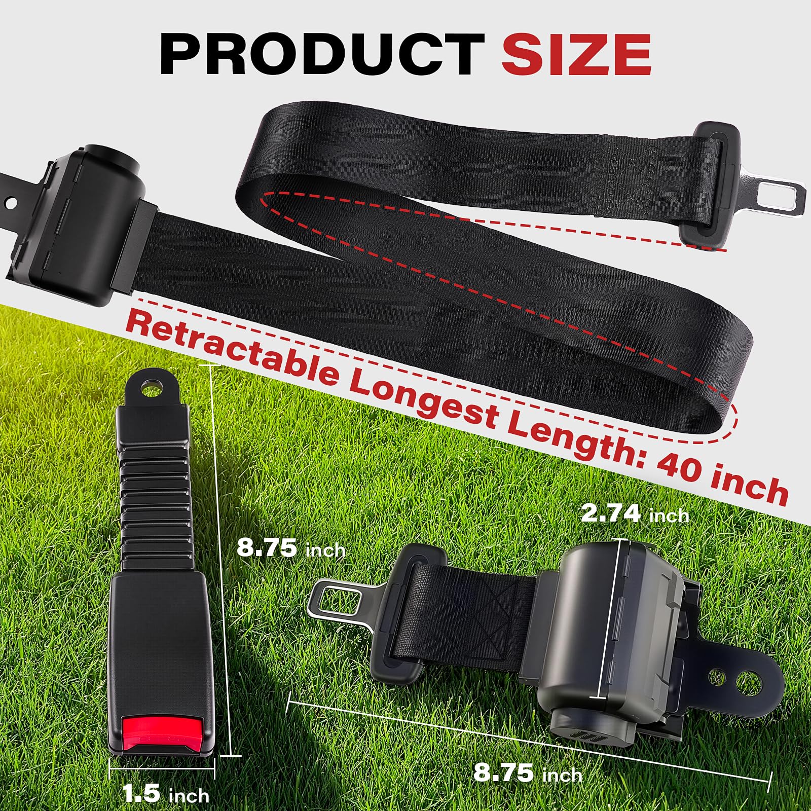 KyuerWK seat belt extended to show 40 inch range for adjustable passenger fit