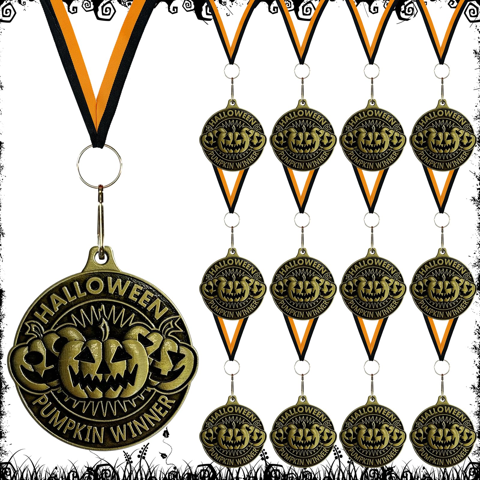 LAIAMER front view of 12 pumpkin medals showing full pack and festive appeal