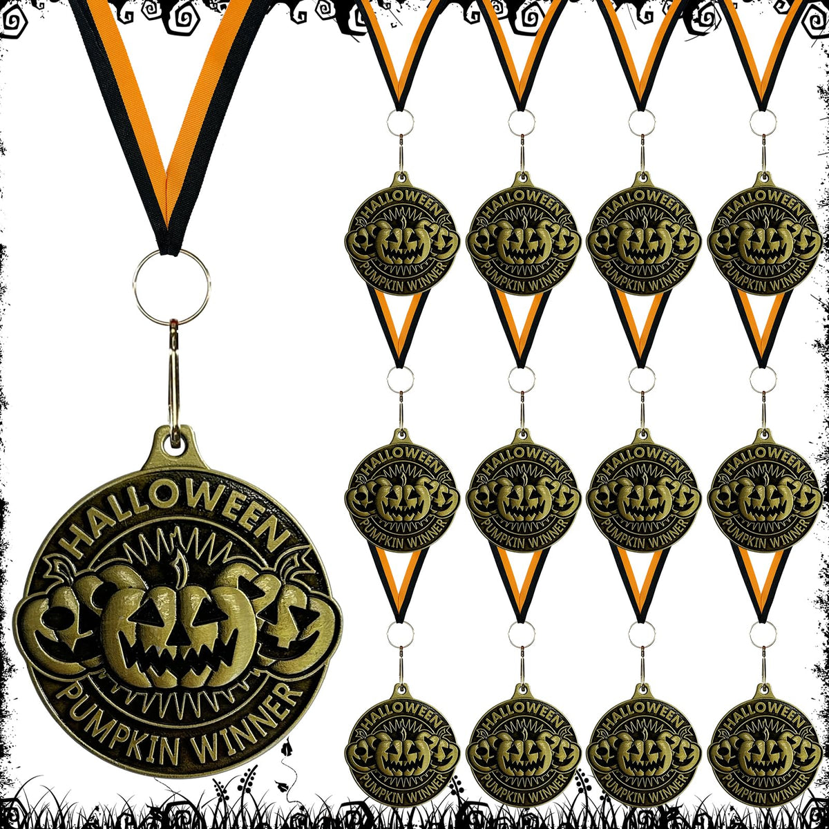 LAIAMER front view of 12 pumpkin medals showing full pack and festive appeal