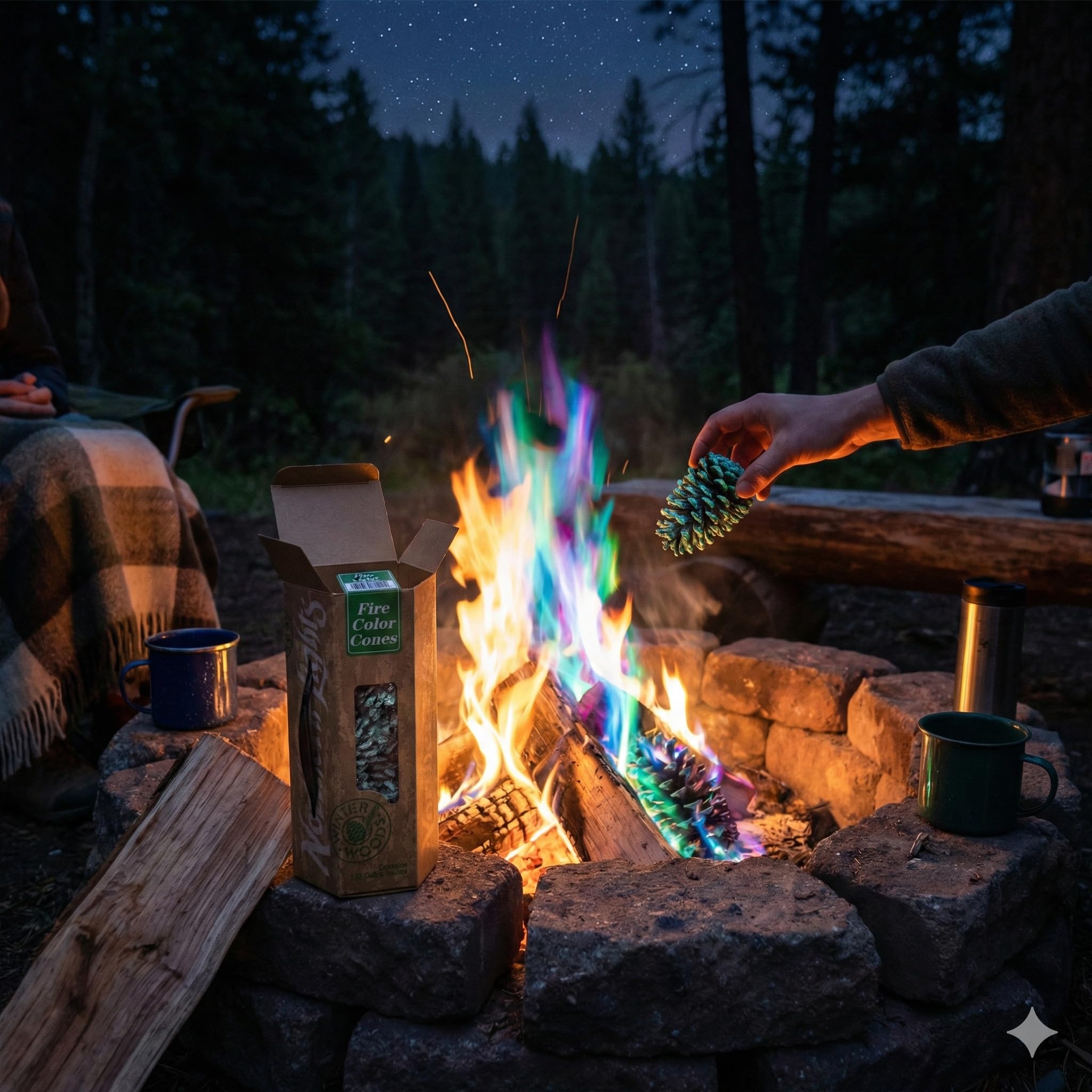Lakeland cones in a backyard firepit with friends enjoying colorful flames
