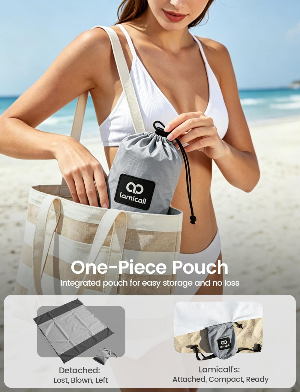 Lamicall blanket folded into attached pouch for compact travel benefit