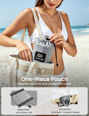 Lamicall blanket folded into attached pouch for compact travel benefit