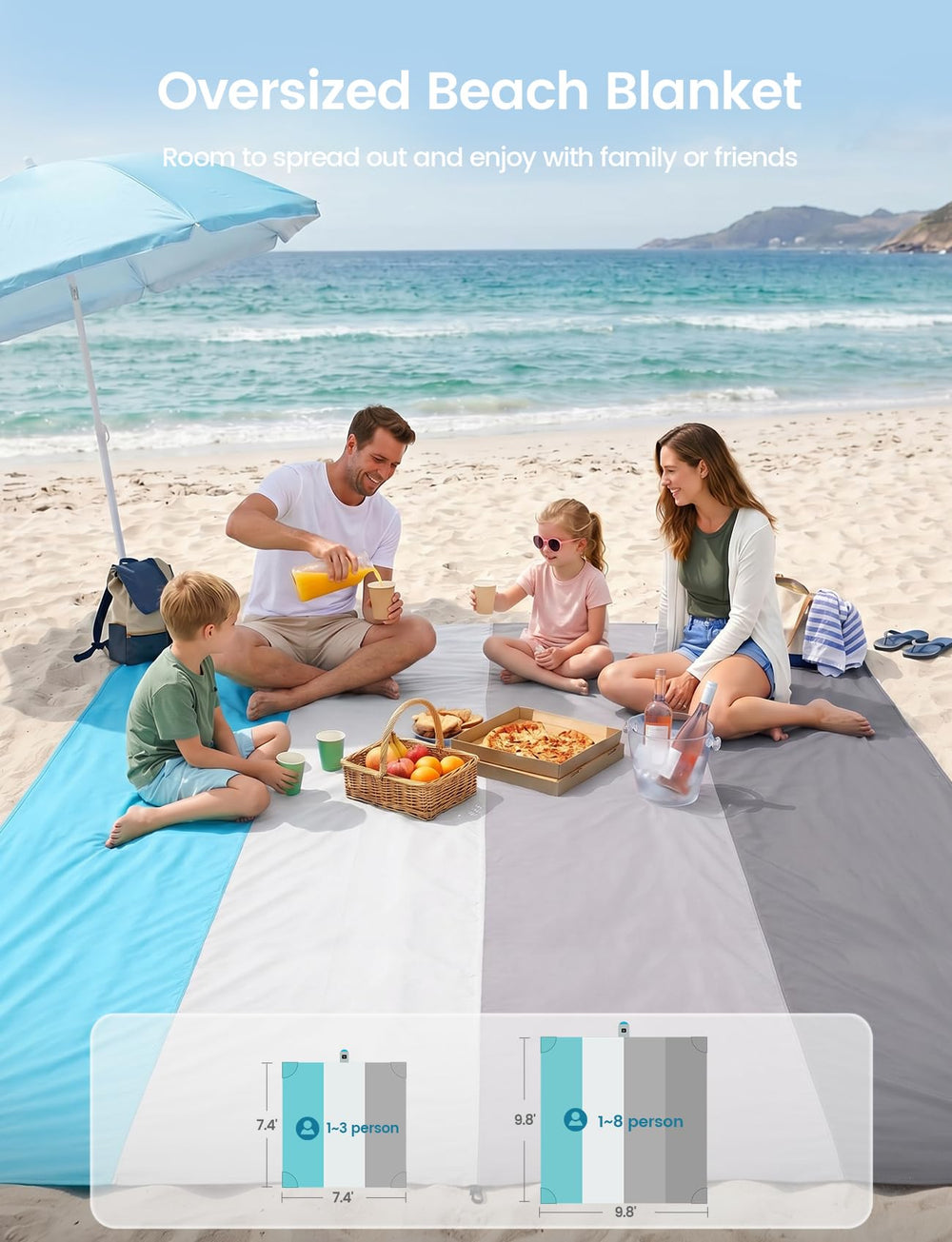 Lamicall blanket staked into sand demonstrating wind stability benefit