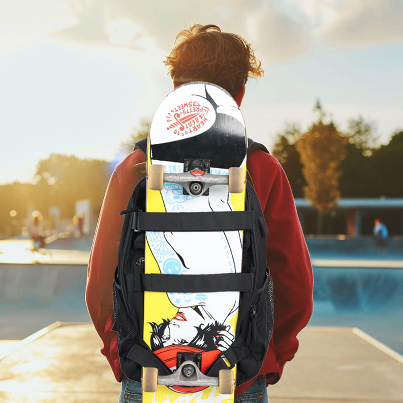 LANBX backpack worn by commuter showing comfort and skateboard-ready design