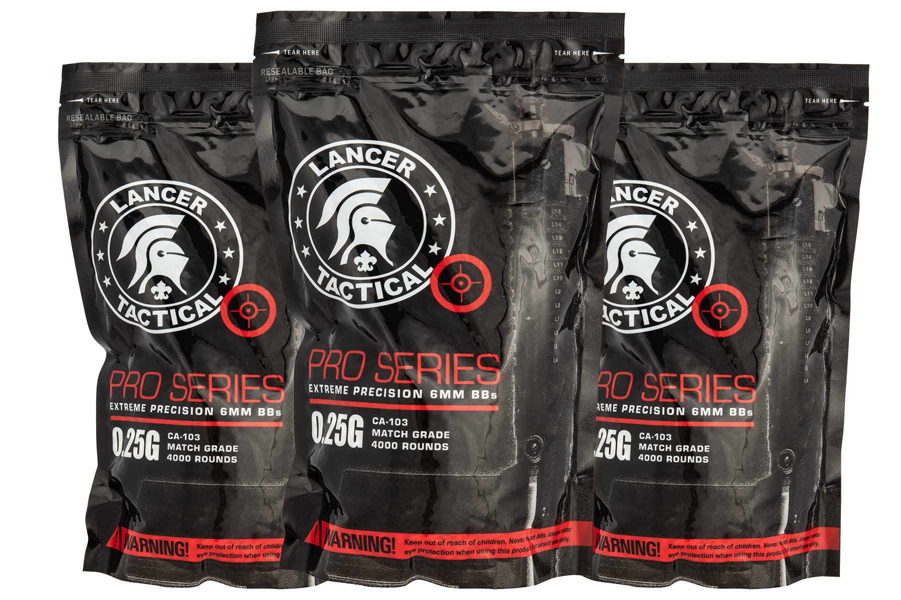 Lancer Tactical front packaging showing three resealable 4,000-round bags, reliable supply