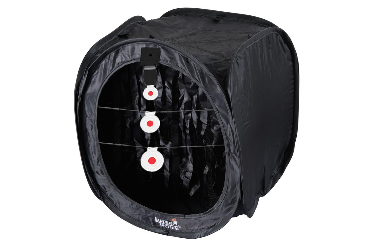 Lancer Tactical front view of black target tent showing three target faces, clear aiming utility