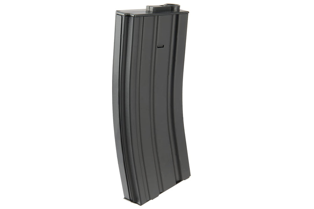 Lancer Tactical front view of four black mid-cap magazines showing durable metal shell and compact design benefit