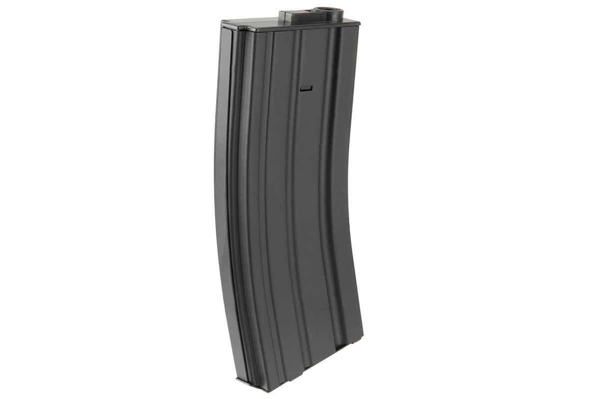 Lancer Tactical front view of four black mid-cap magazines showing durable metal shell and compact design benefit