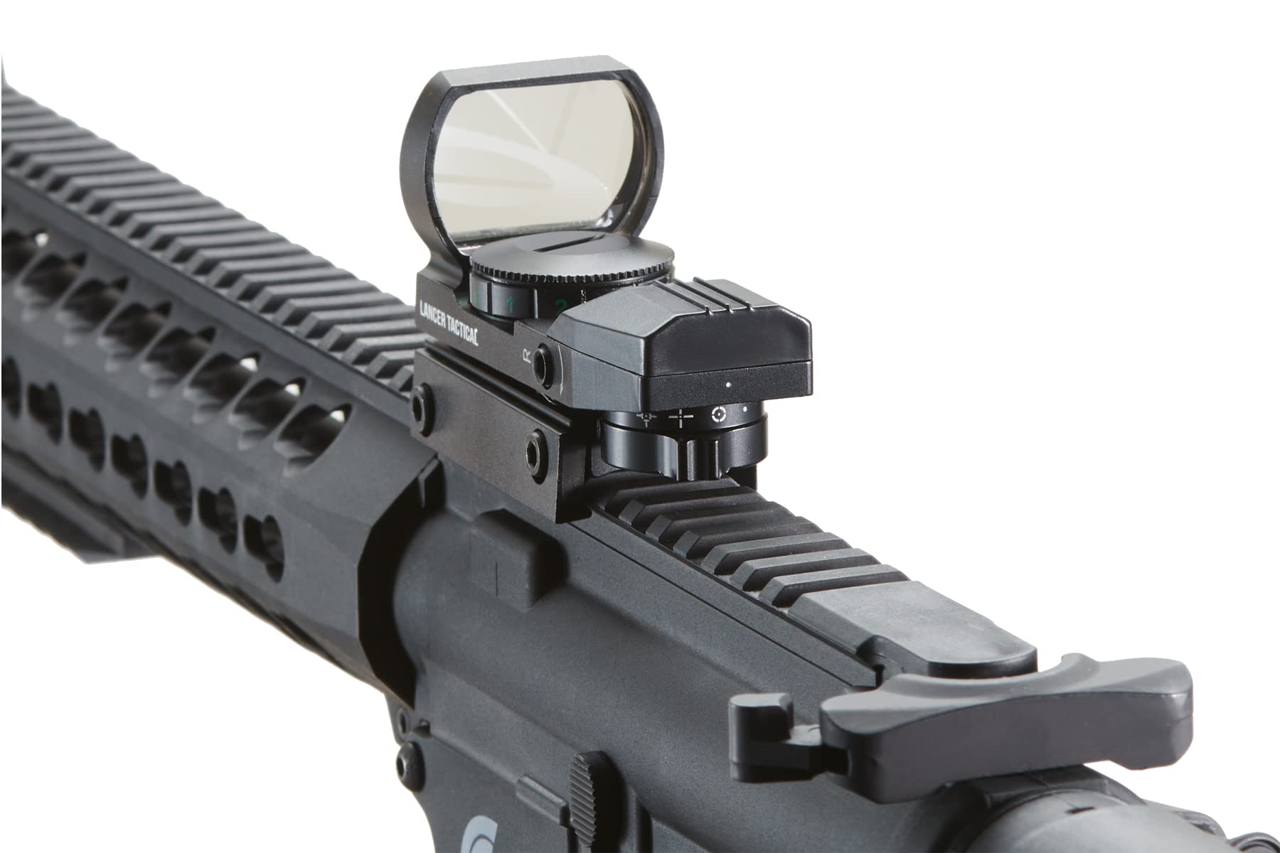 Lancer Tactical mounted on airsoft rifle demonstrating fast aim in action