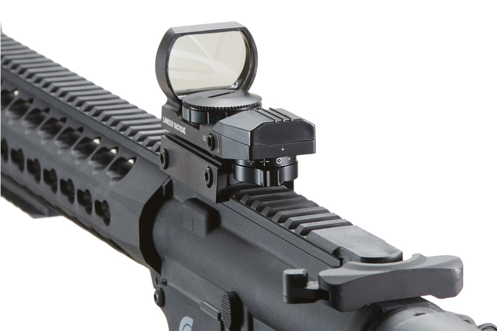 Lancer Tactical mounted on airsoft rifle demonstrating fast aim in action