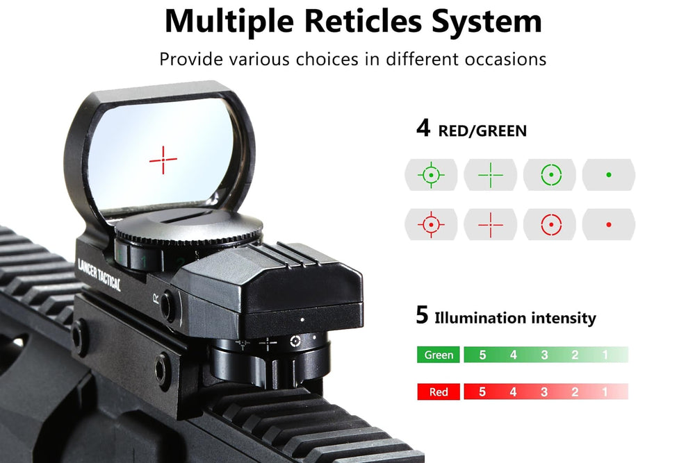 Lancer Tactical reticle display showing selectable red and green reticle patterns