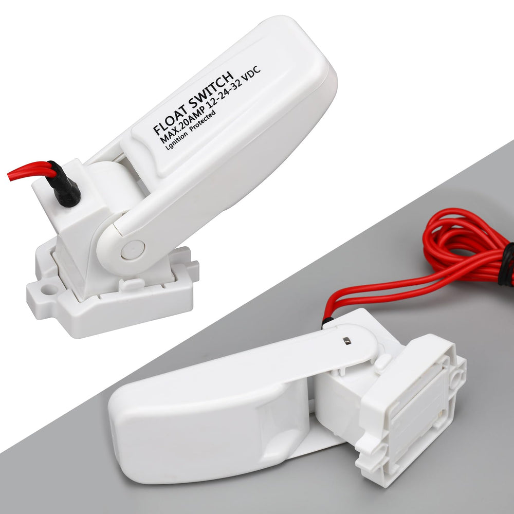 Landhoow float switch next to a hand for size comparison showing compact space-saving