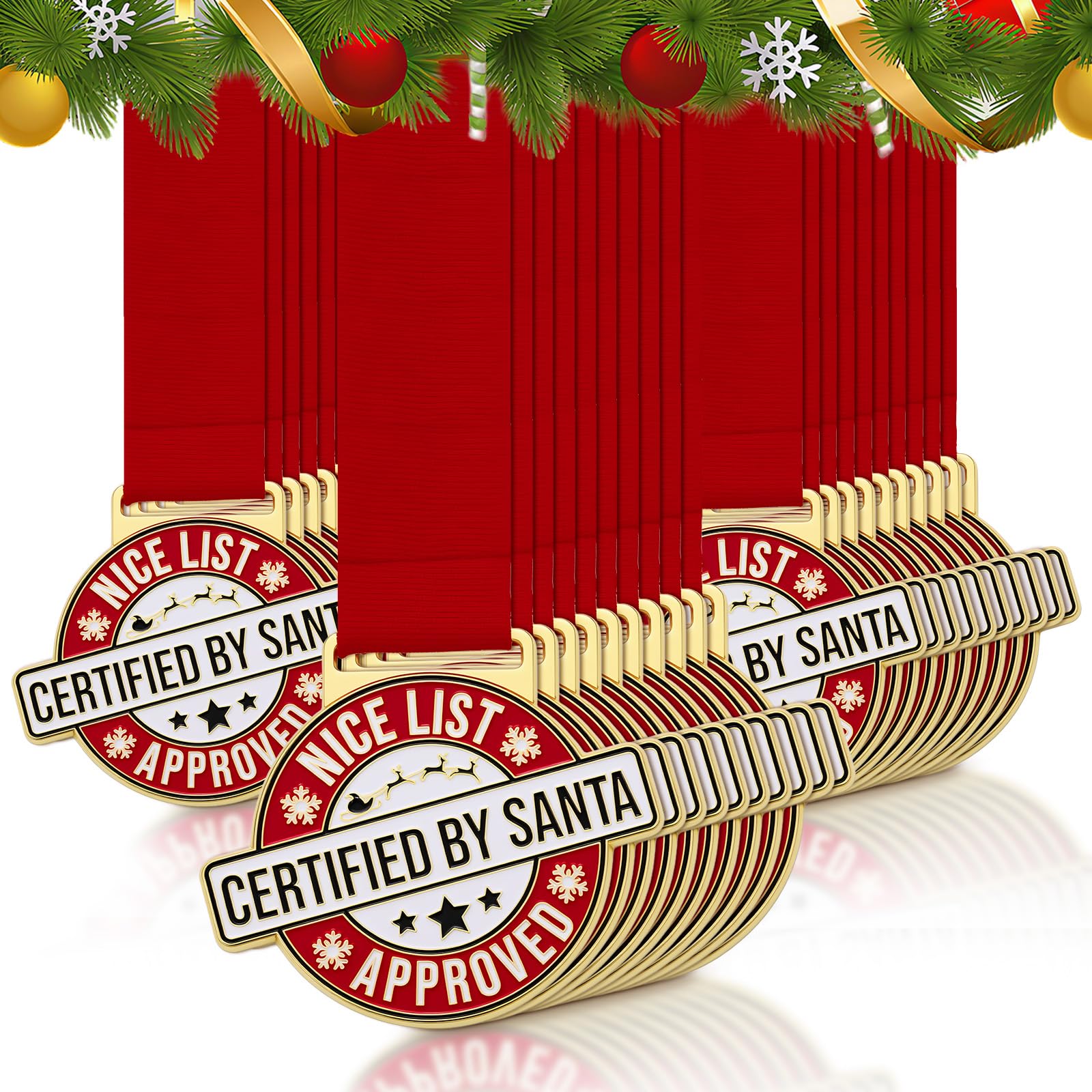 Landical front view of full pack of 12 medals showing festive presentation and value