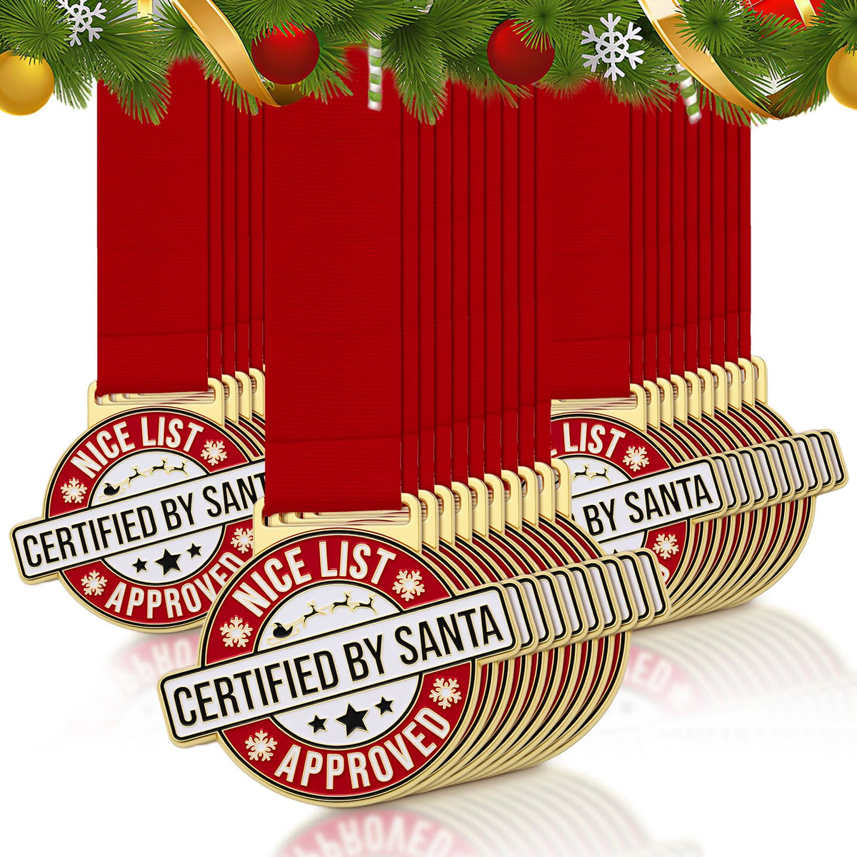Landical front view of full pack of 12 medals showing festive presentation and value