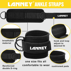 LANNEY ankle strap with double D-ring and padding for comfortable, adjustable lower-body cable exercises