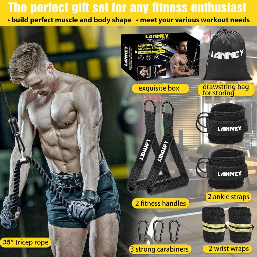 LANNEY tricep rope and handle attached to home gym pulley during workout illustrating practical in-home use