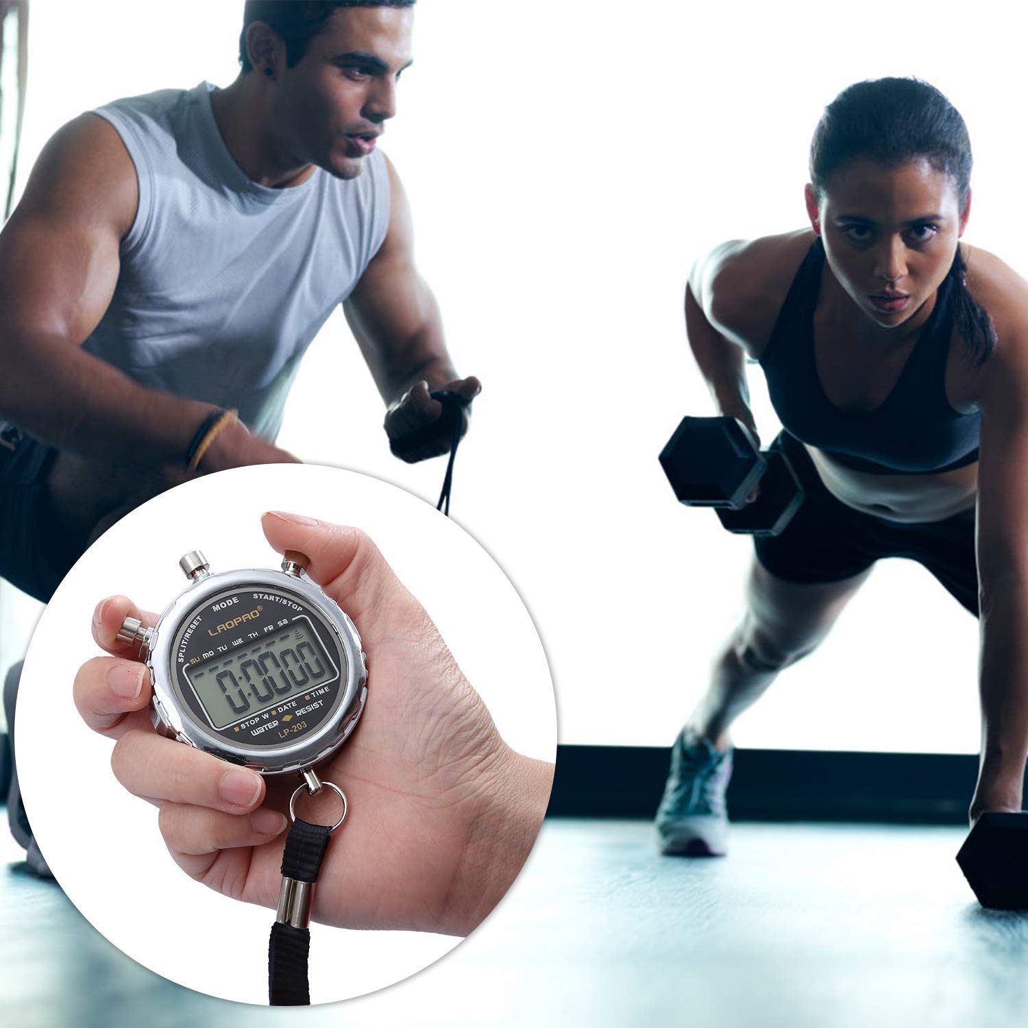 LAOPAO stopwatch on lanyard beside clipboard showing coach use benefit organized timing