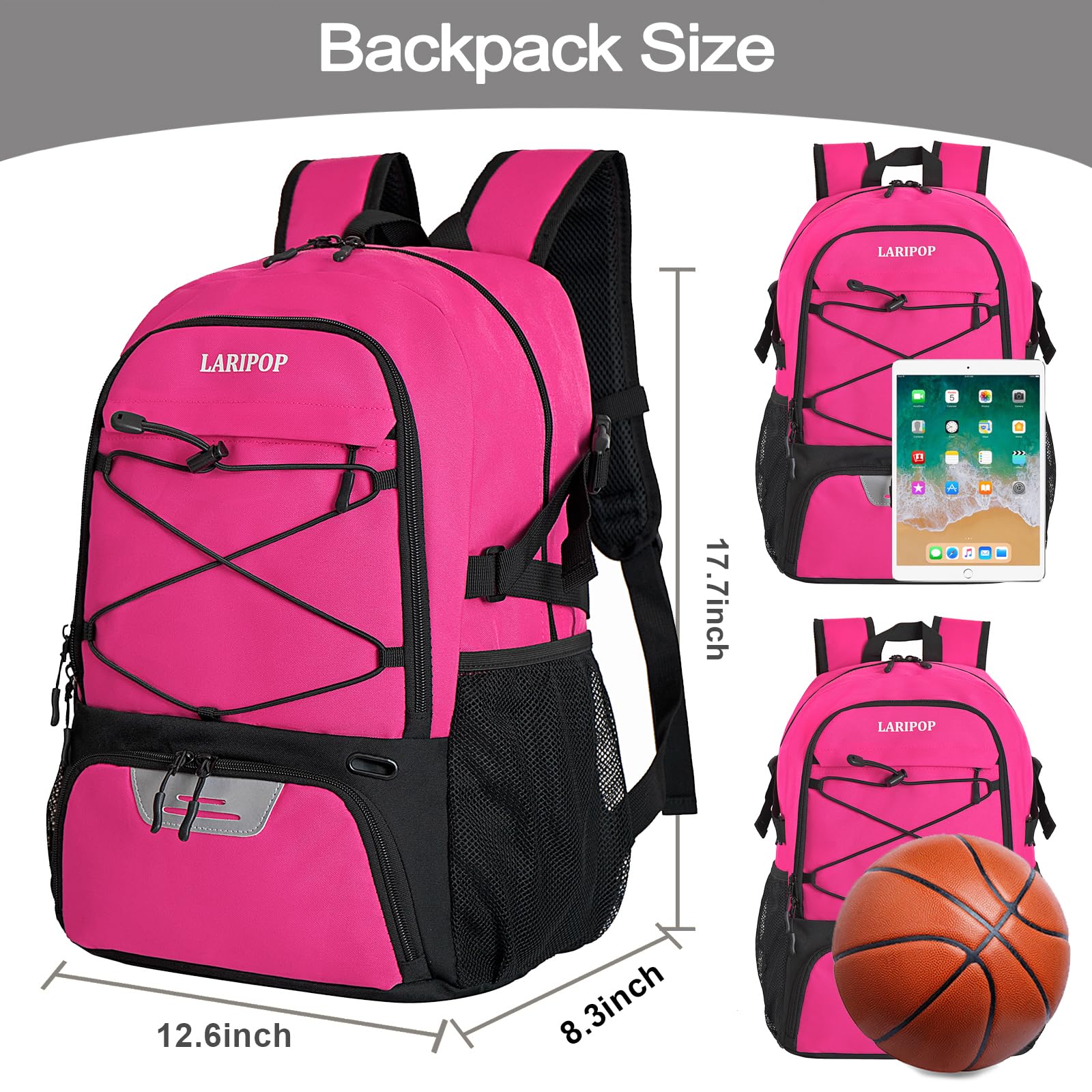 LARIPOP ball compartment open with basketball visible for protected storage