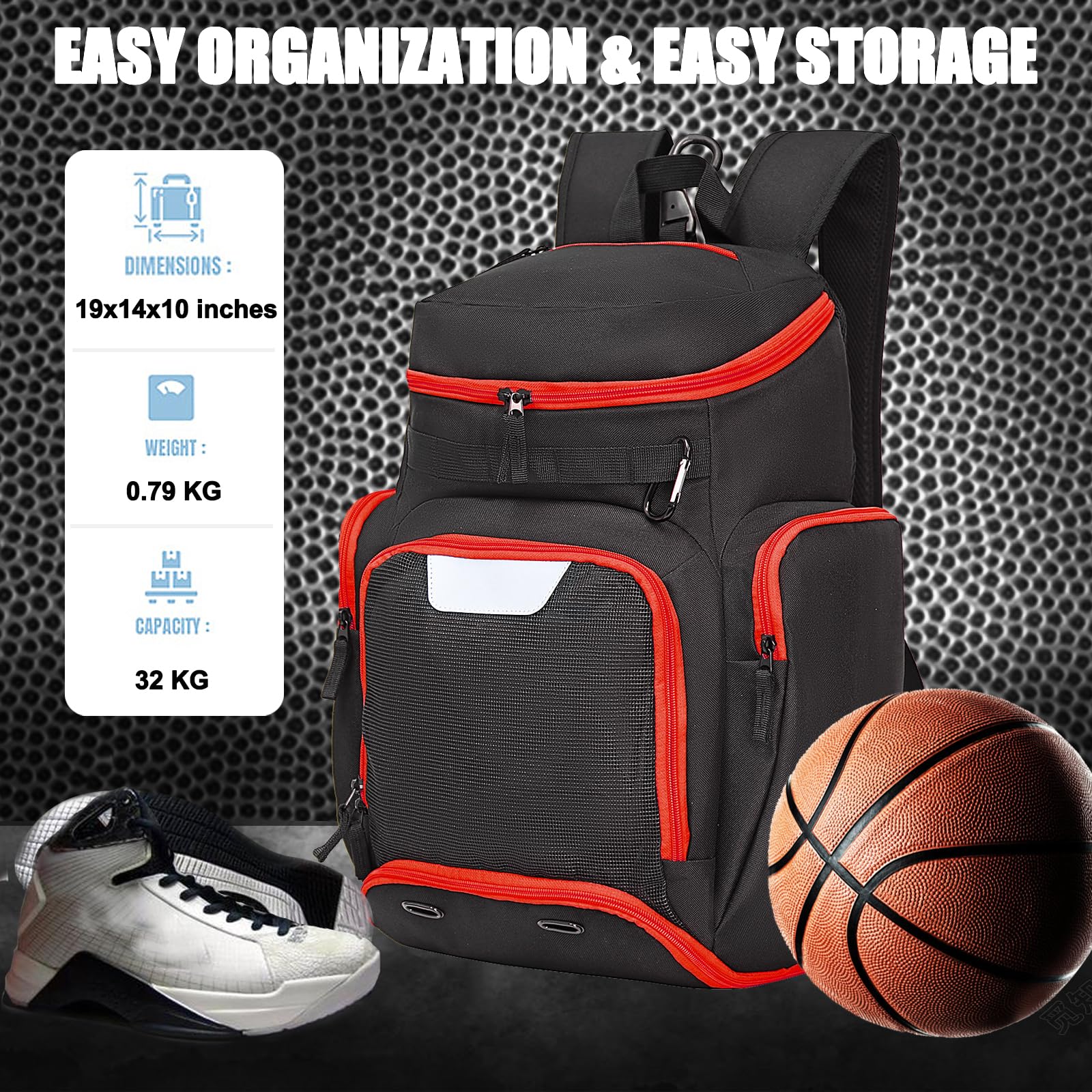 LARIPOP close-up of mesh ball holder securing a basketball for quick access