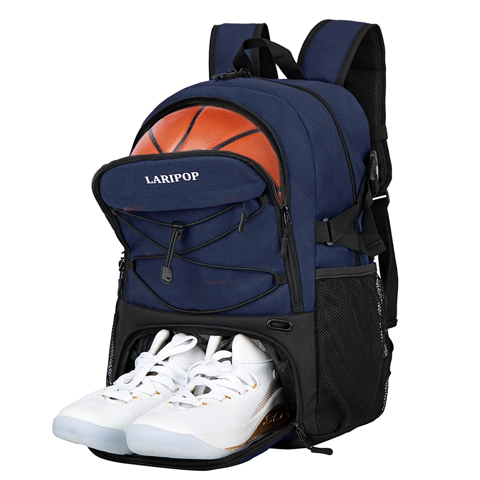 LARIPOP front view of backpack showing ball compartment and pockets for organized transport