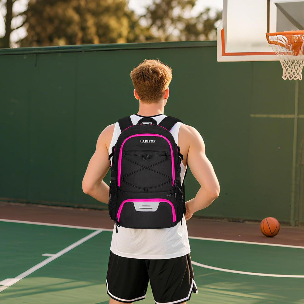 LARIPOP backpack in a gym court setting conveying ready-to-play convenience
