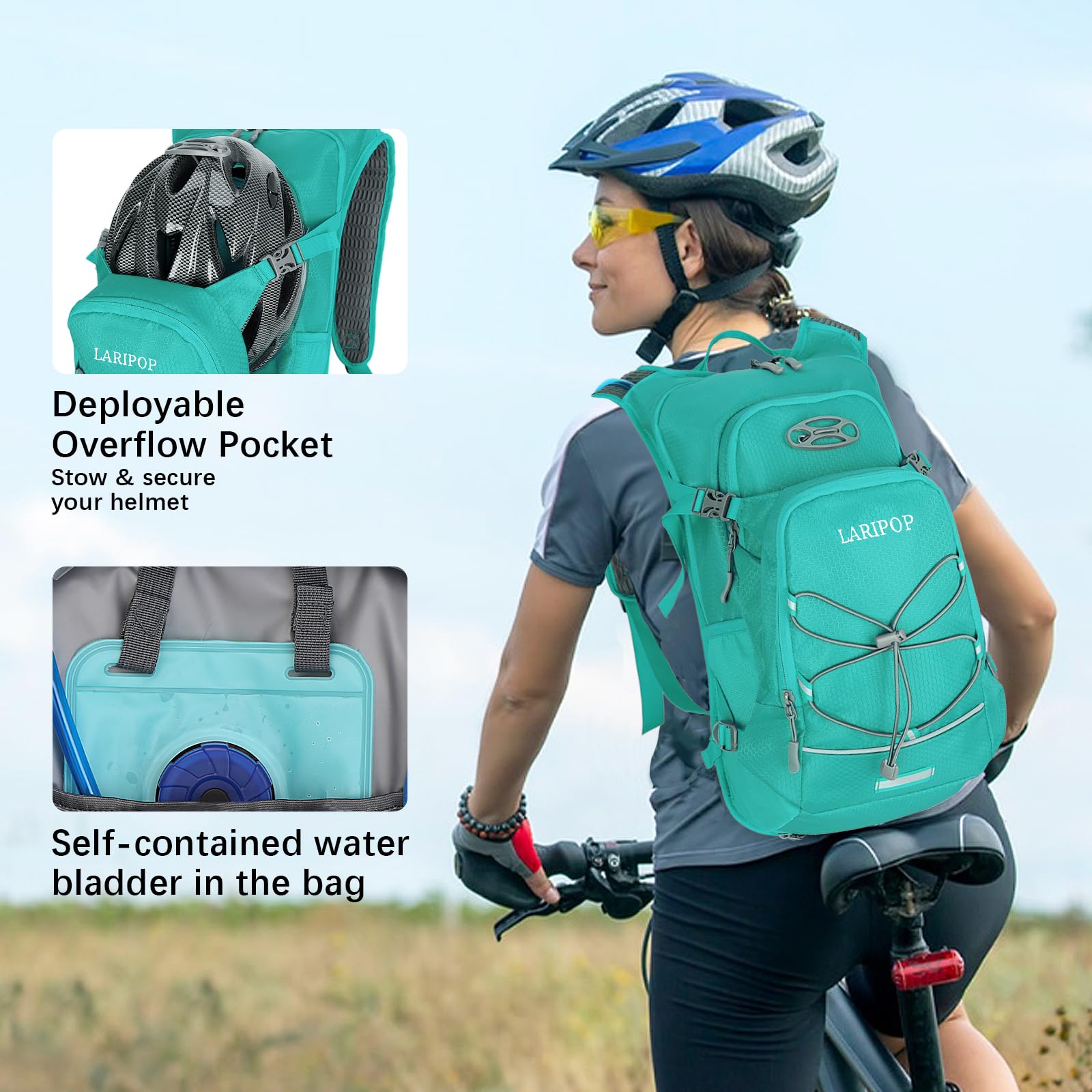 LARIPOP next to a helmet showing 18L size and compact, low-profile fit