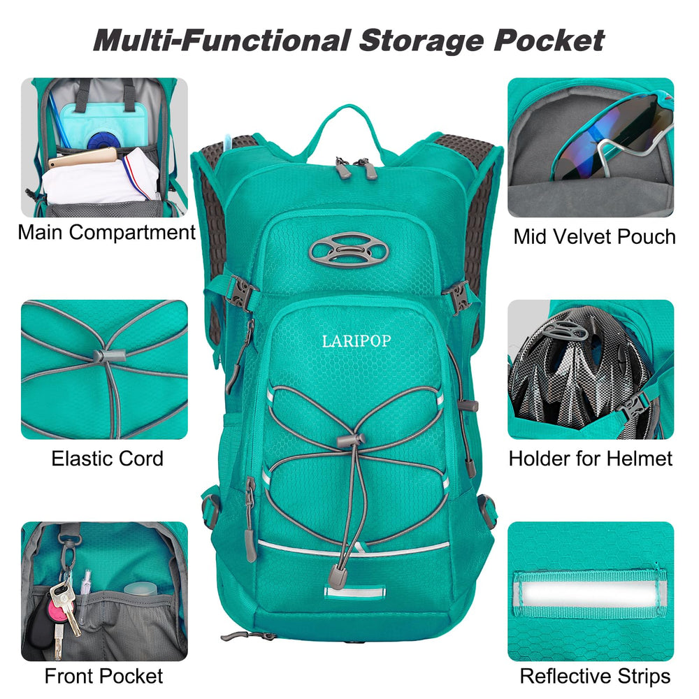 LARIPOP elastic side pocket and bungee system securing bottle and helmet for quick access