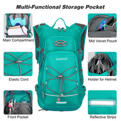 LARIPOP elastic side pocket and bungee system securing bottle and helmet for quick access