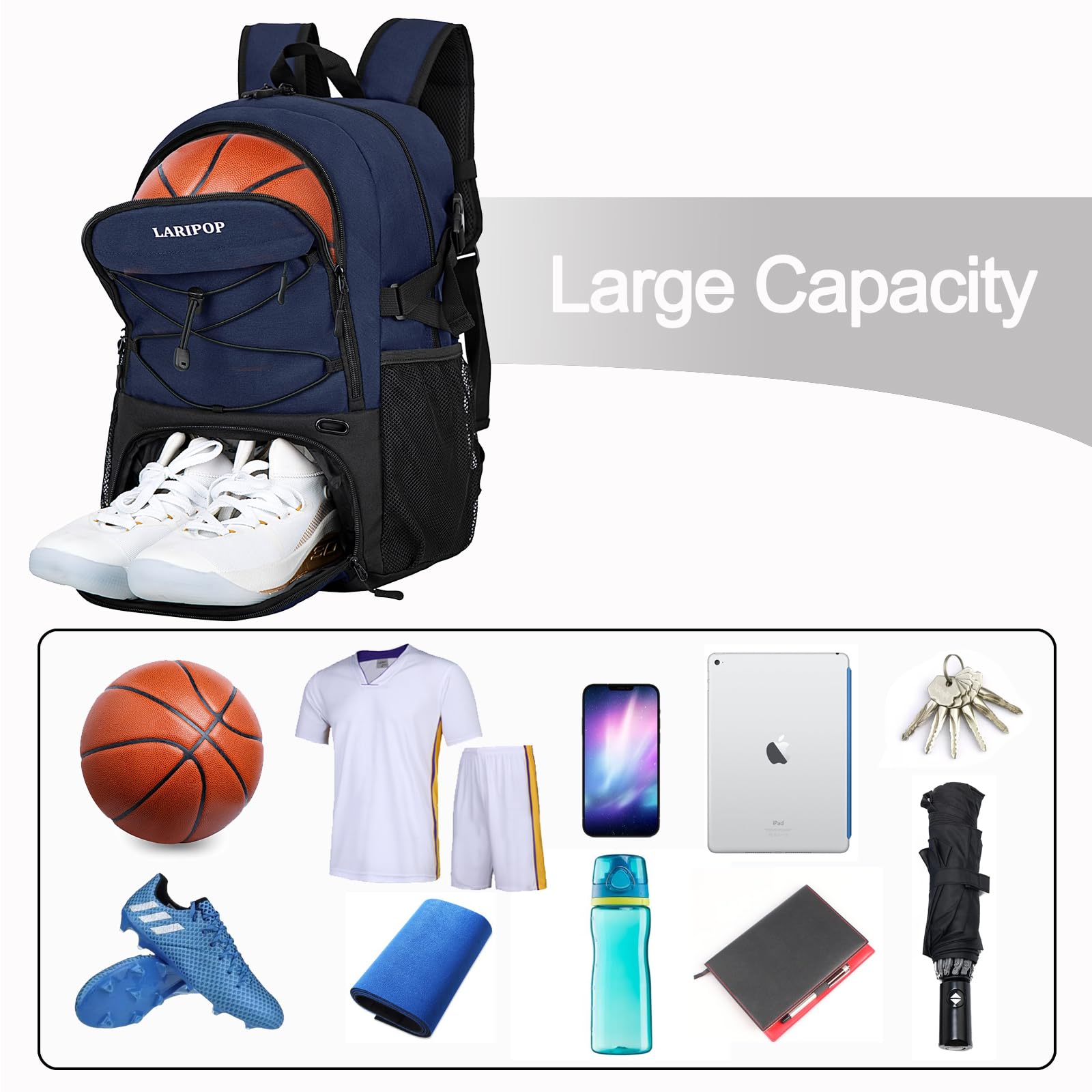 LARIPOP ventilated shoe pocket open with shoes inside to prevent odors and moisture transfer