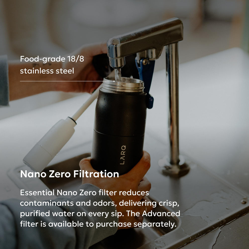 LARQ bottle held in hand to show lightweight carry and ergonomic grip benefit