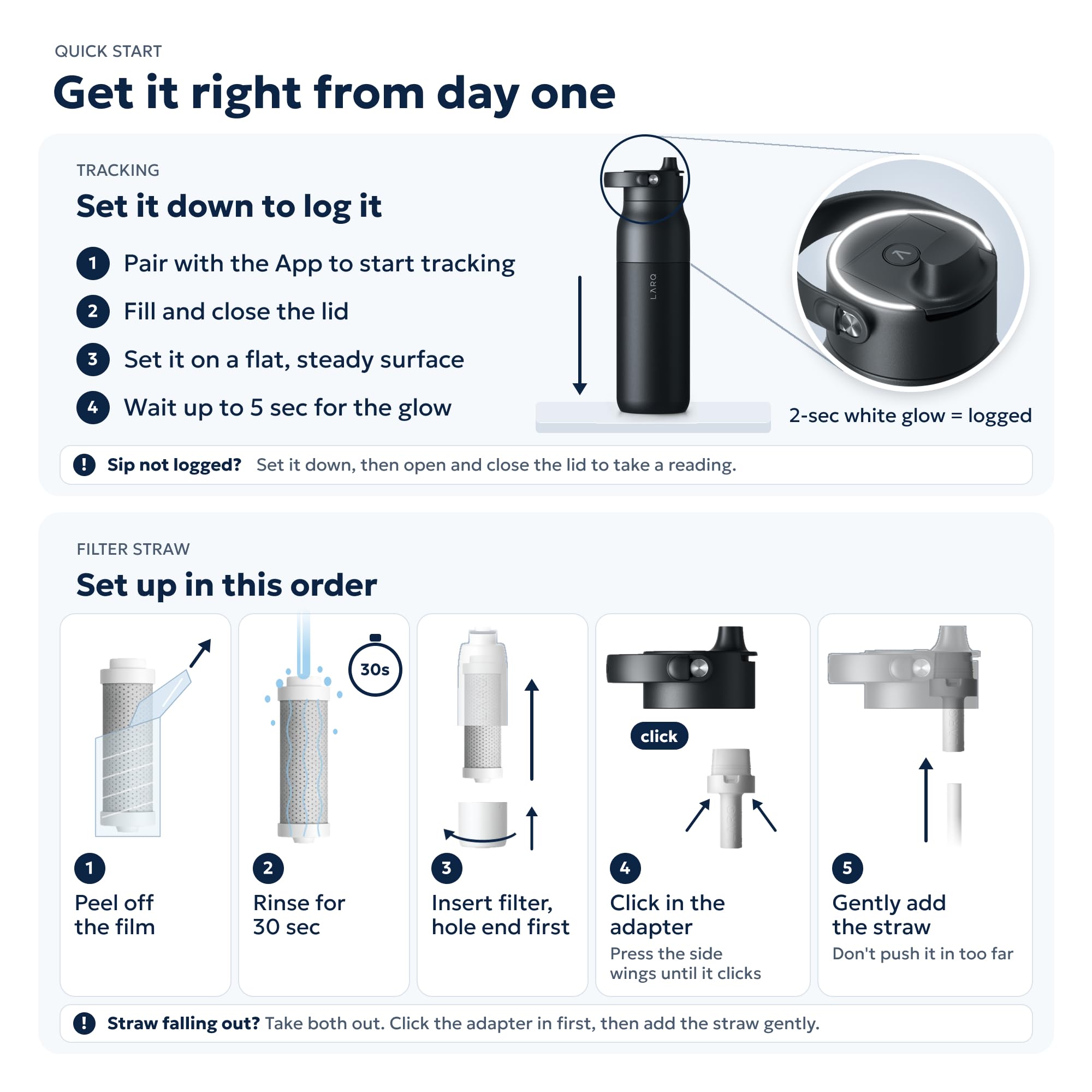 LARQ bottle on trail with backpack conveying outdoor durability and convenience