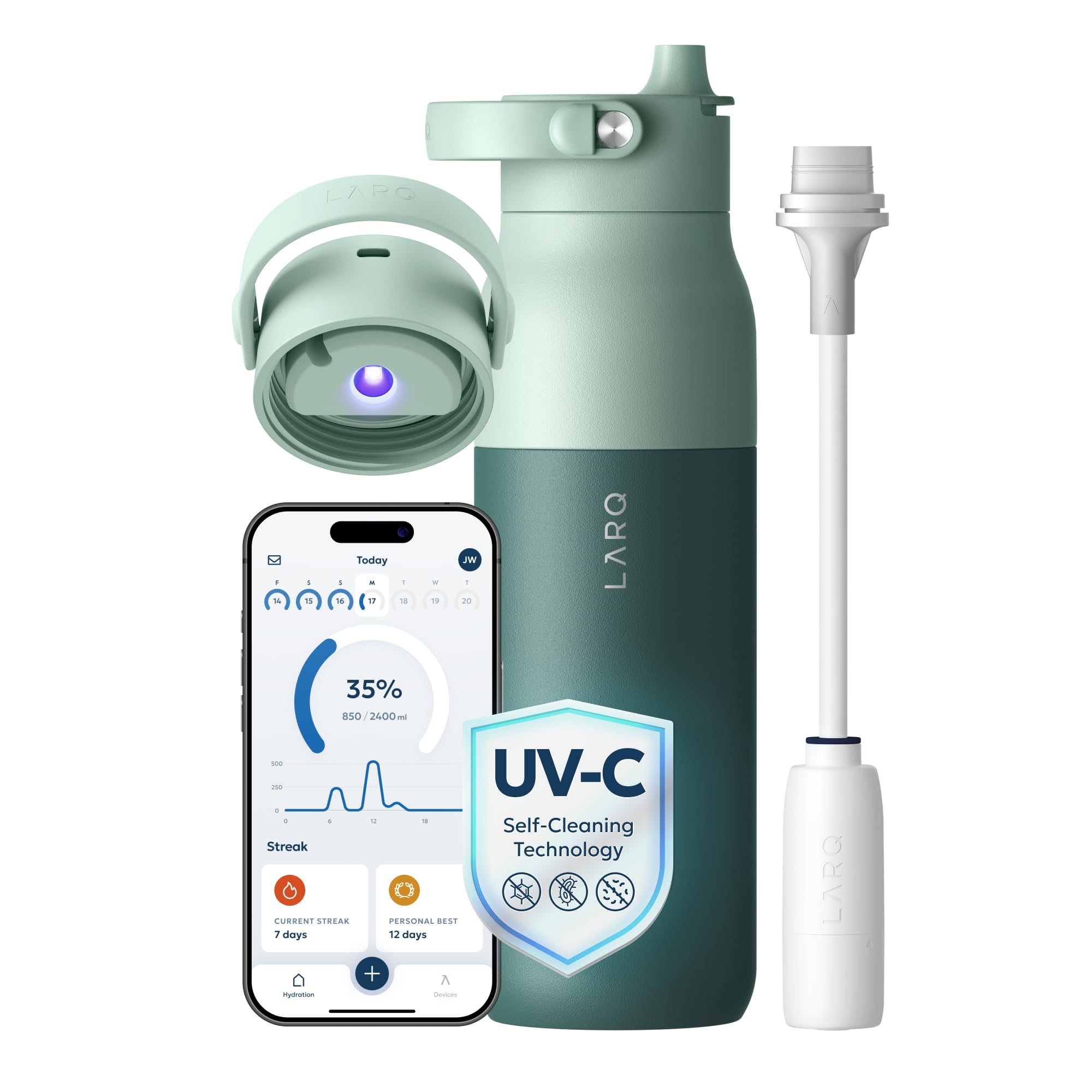 LARQ PureVis 2 eucalyptus green front view showing insulated bottle and sleek design for enduring cold