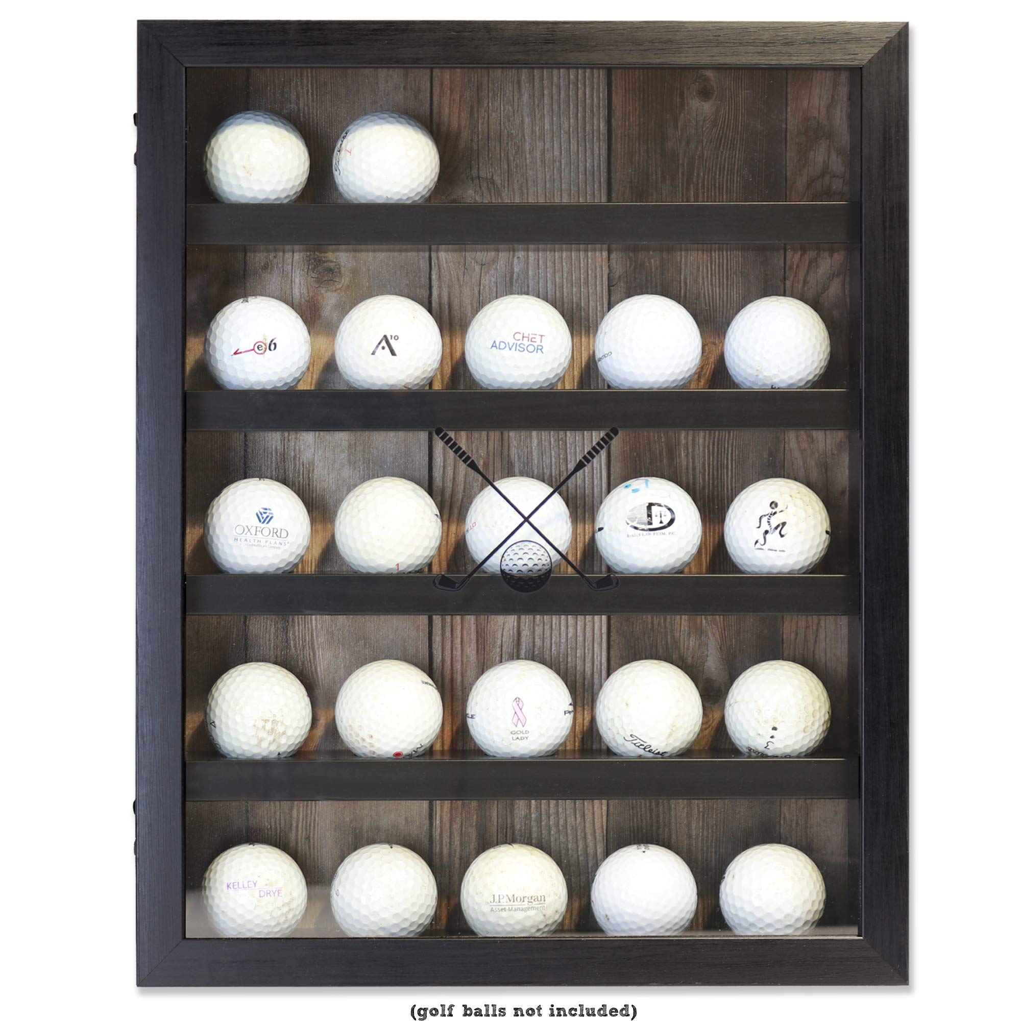 Lawrence Frames front view showing black wood-grain and arranged golf balls, durable display