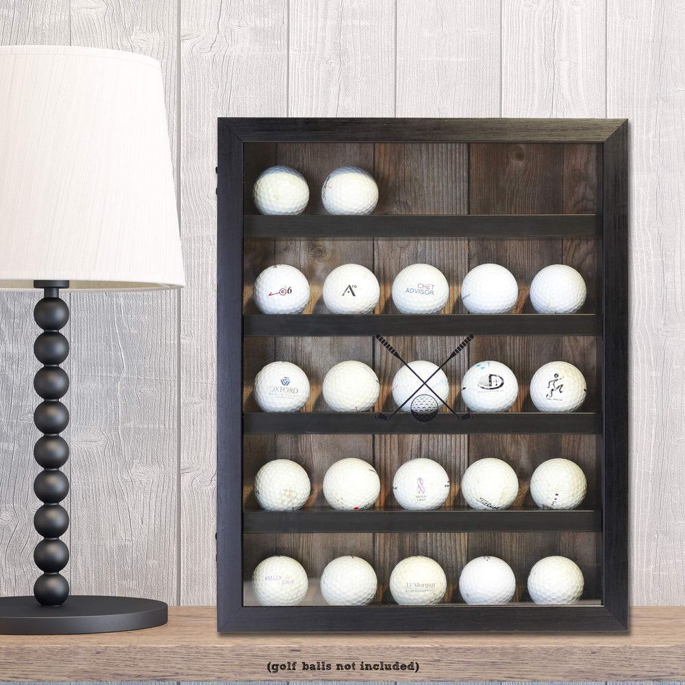 Lawrence Frames shelf close-up showing round cutouts that secure each golf ball