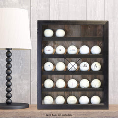 Lawrence Frames shelf close-up showing round cutouts that secure each golf ball
