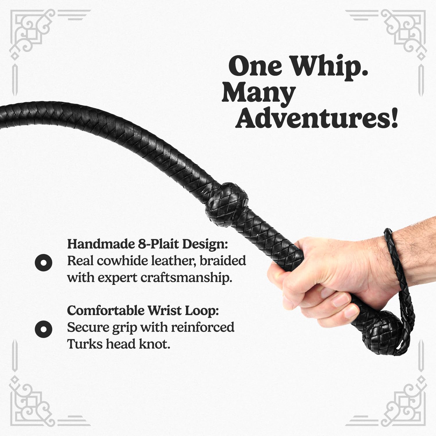 LB'S WHIP close-up of eight-strand braiding highlighting durable craftsmanship benefit