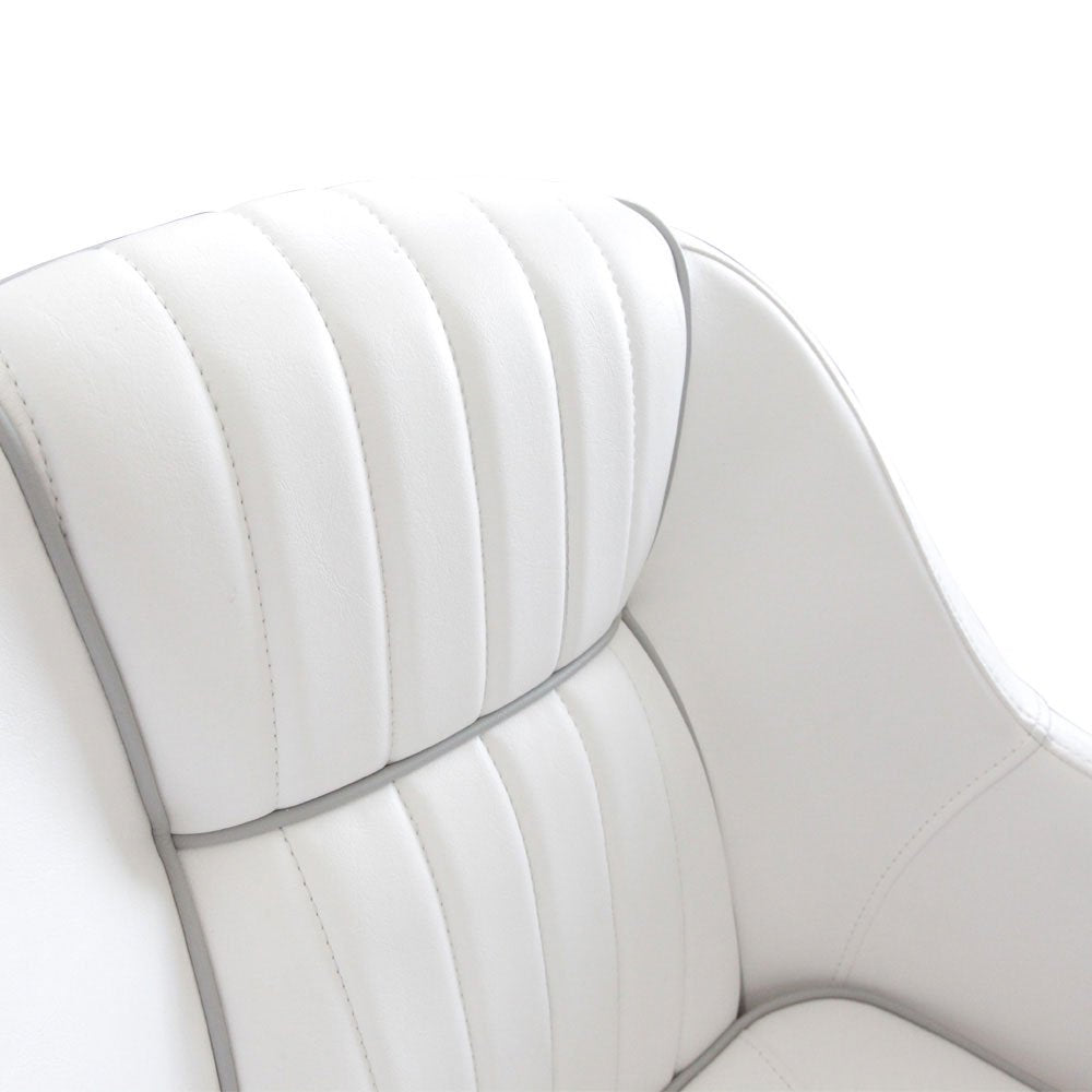 Leader Accessories seat shown mounted on a pedestal illustrating bolt-pattern compatibility and installation ease