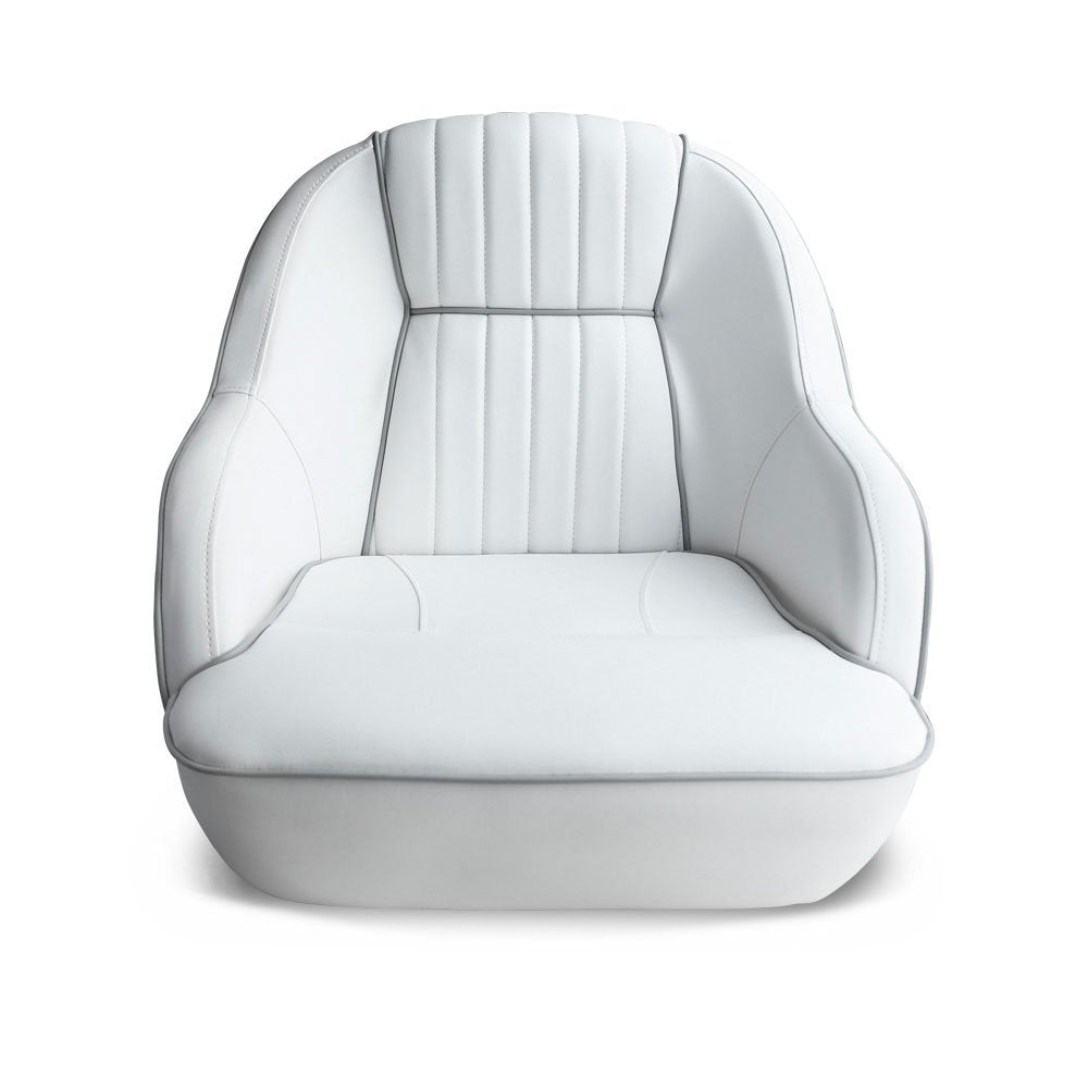 Leader Accessories close-up of marine-grade vinyl upholstery and gray piping demonstrating UV-resistant finish