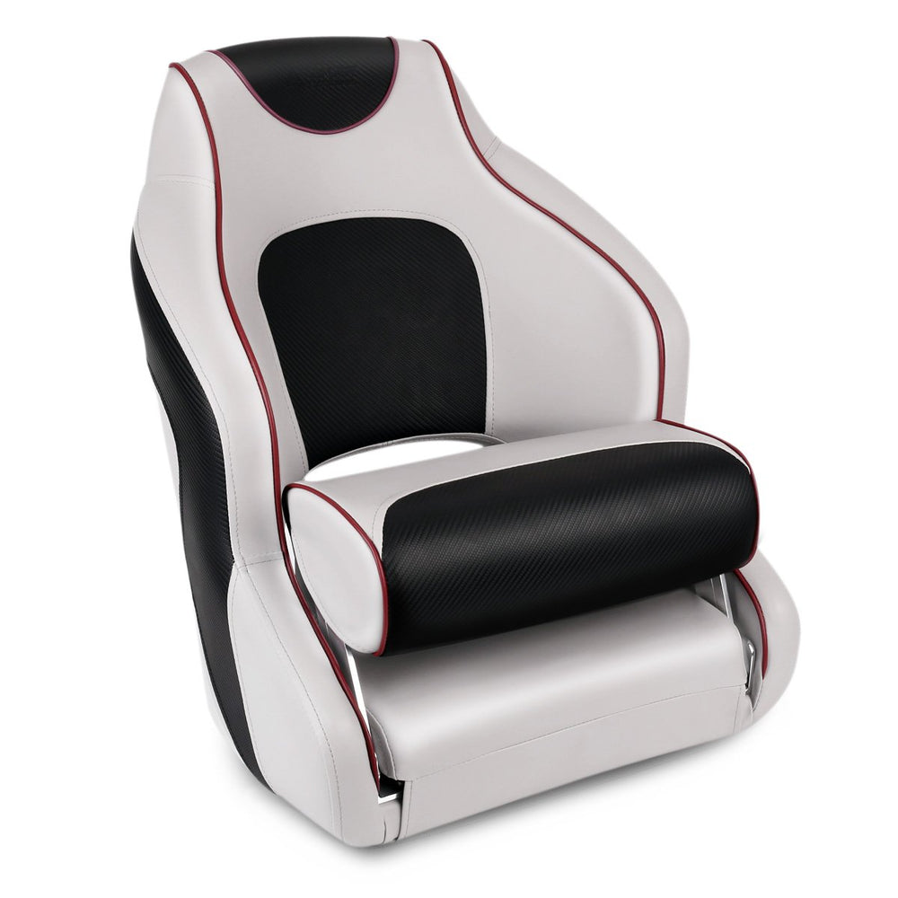 Leader Accessories seat mounted on pontoon helm demonstrating ready-to-use installation