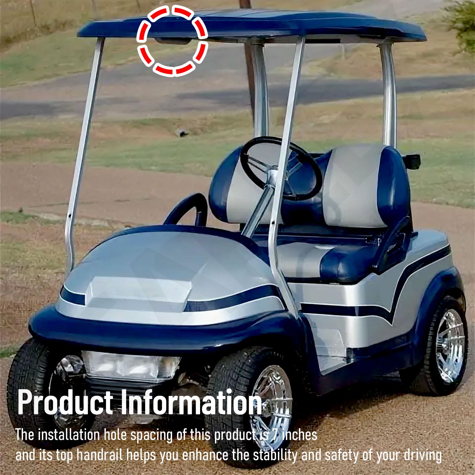 LEAFLEX lifestyle shot of golf car with passenger using handle for safer boarding benefit